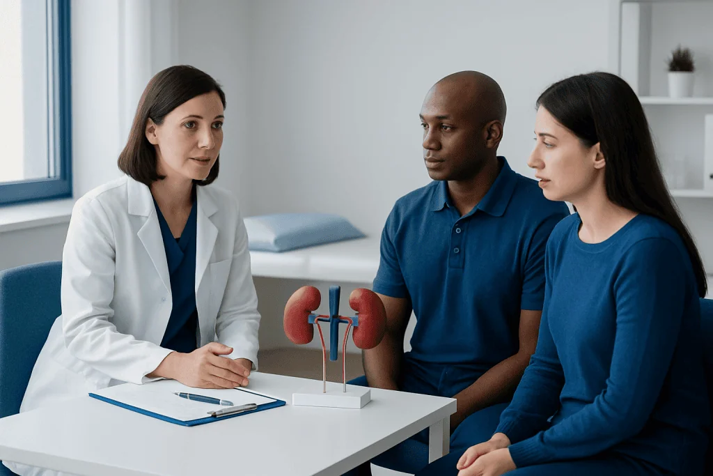 Doctor explaining kidney transplant options to patient and companion.