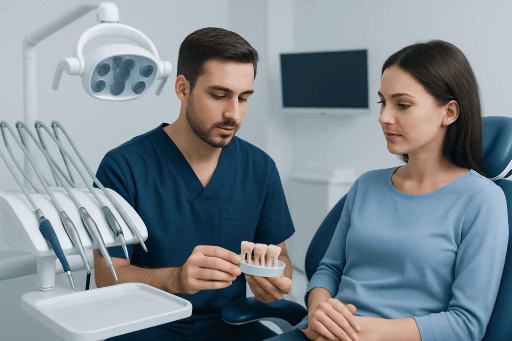 Dentist explaining dental bridge options to a patient in a clinic.