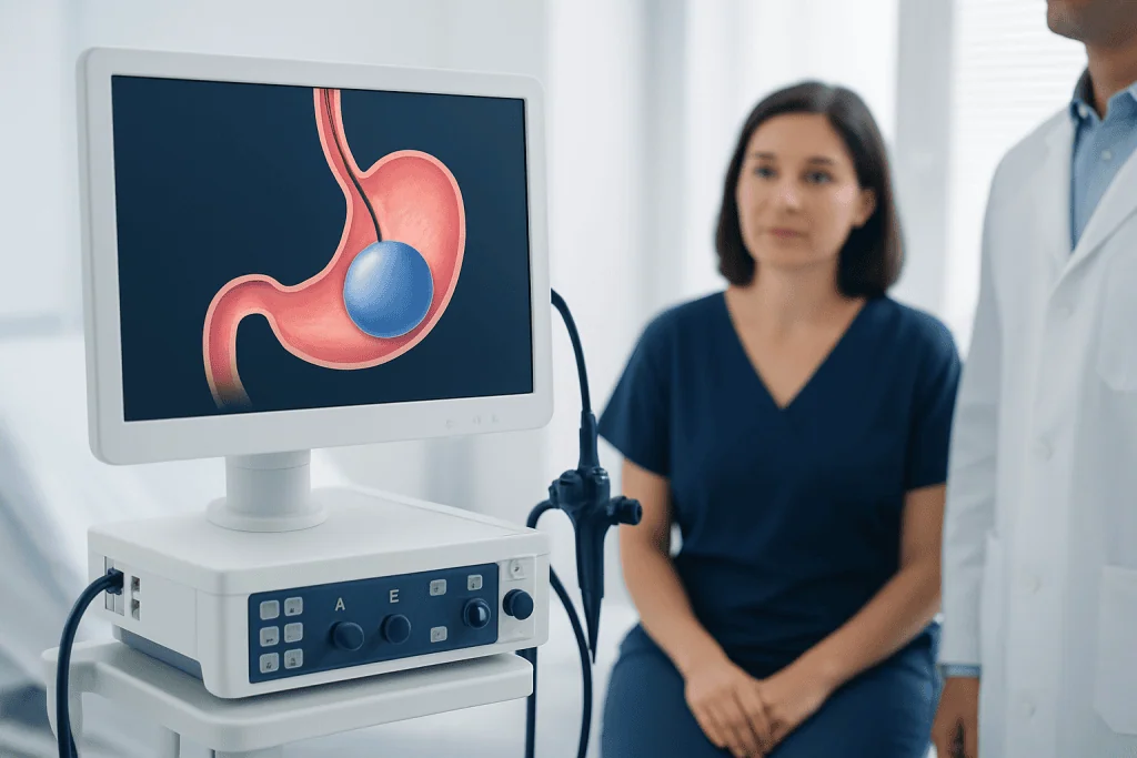 Gastric balloon procedure illustration on medical monitor at Acibadem Hospital.