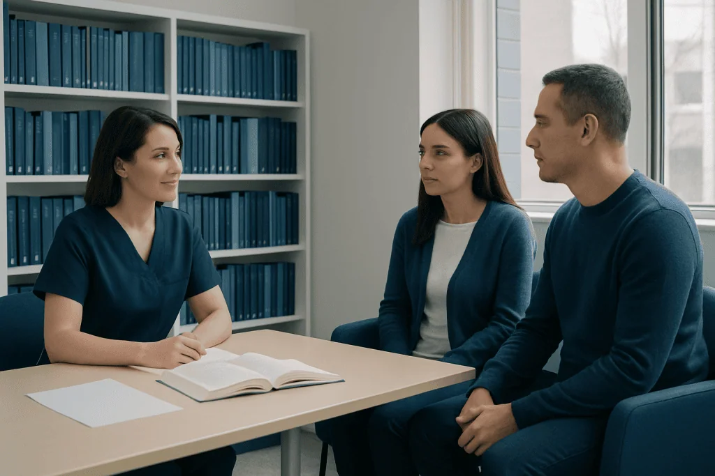 Medical consultation with a healthcare professional and two patients in a clinic.
