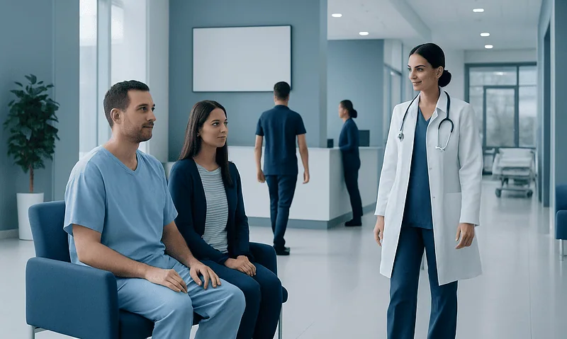 Hospital consultation with doctor and patients in a modern medical facility.