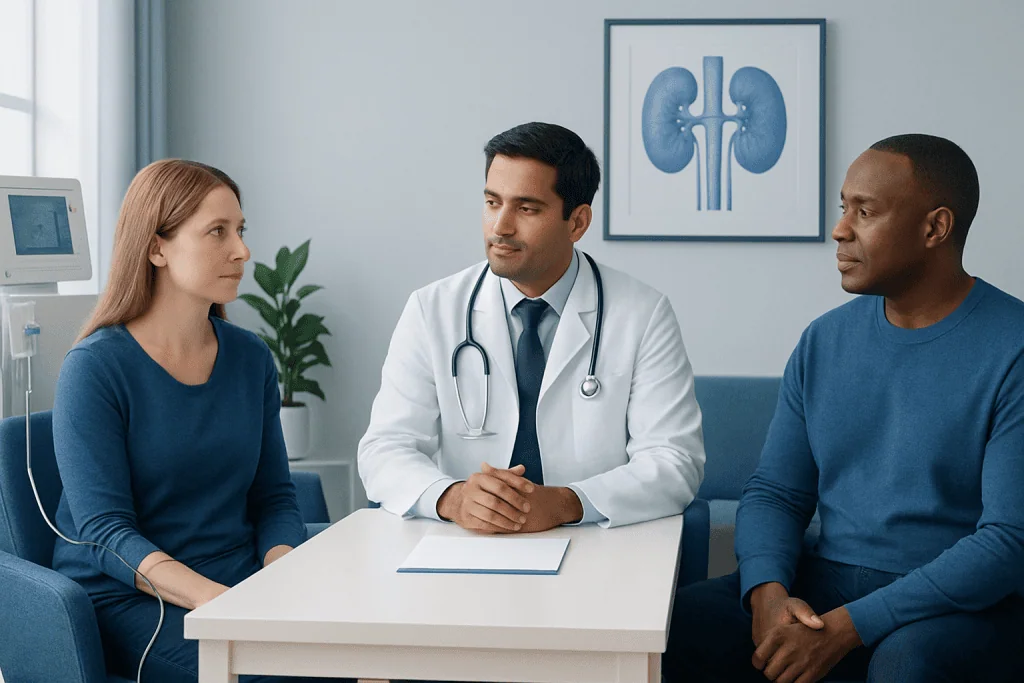 Doctor consulting with two patients about kidney health options.