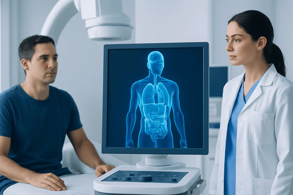 Medical professionals analyze a digital twin of the human body in a hospital setting.