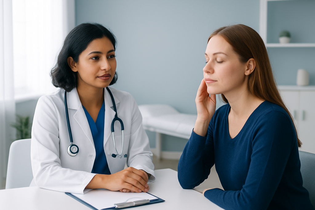 Doctor consulting with patient about facial skin concerns at clinic.