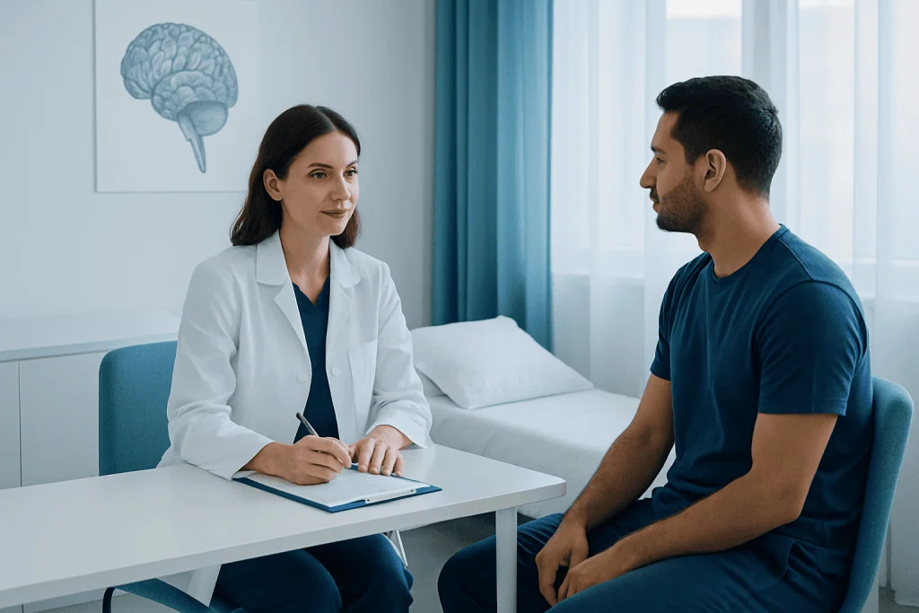 Doctor consulting patient about sleep issues in a clinical setting.