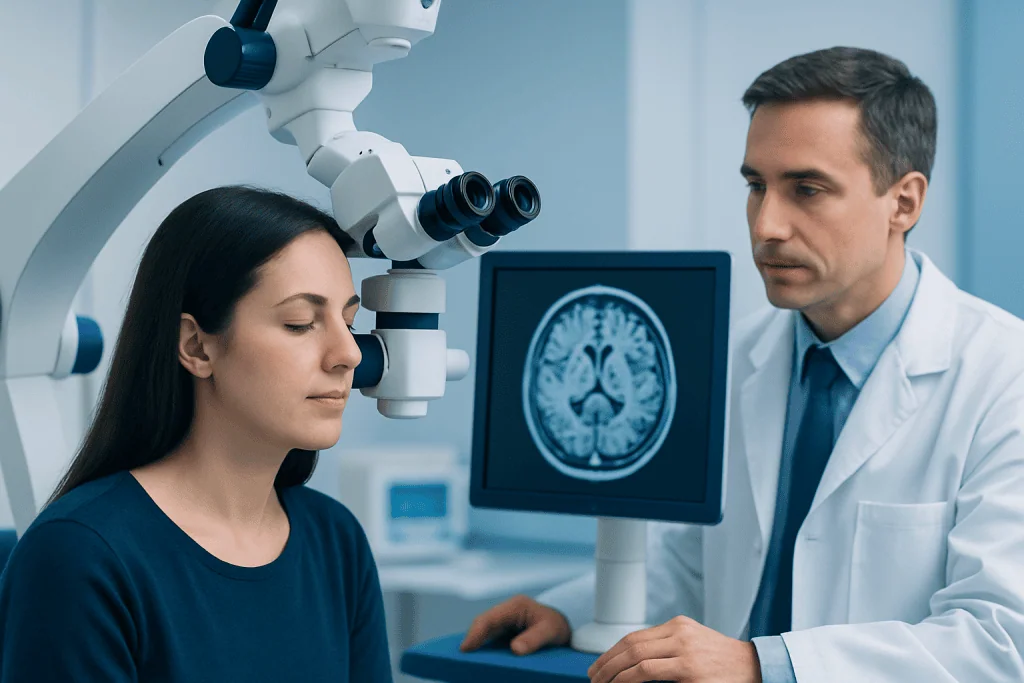 Doctor examines patient with brain scan image on monitor in hospital.