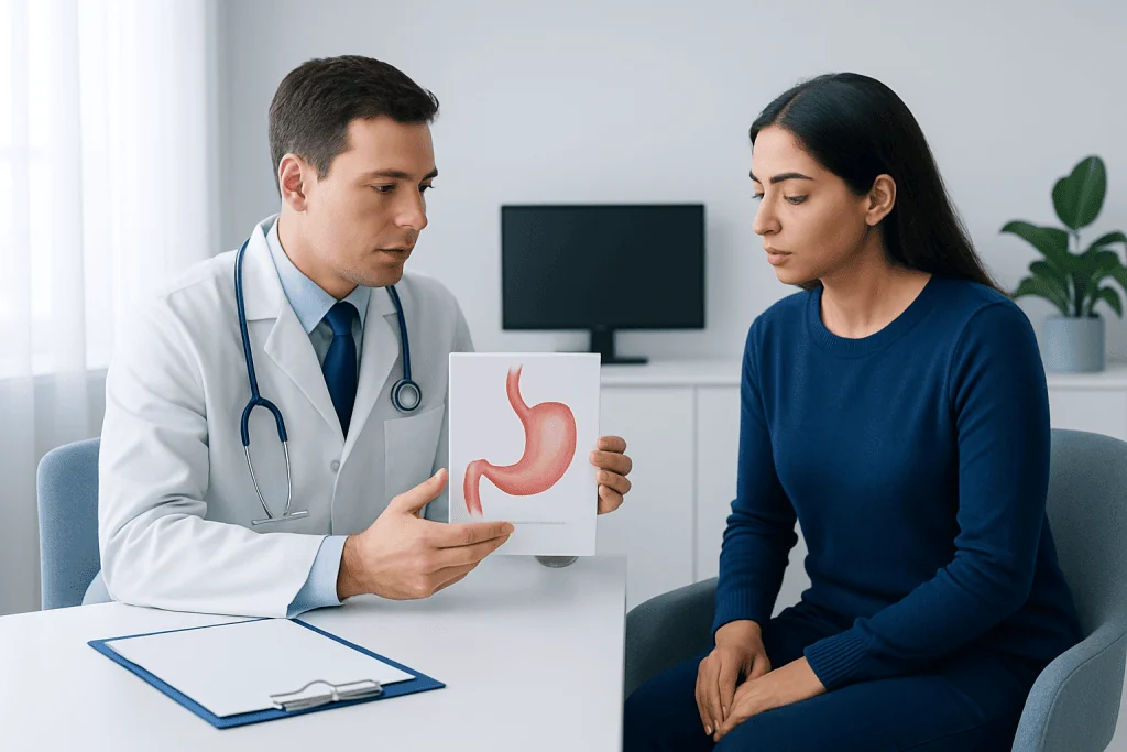 Doctor explaining achalasia treatment options to patient with stomach model.