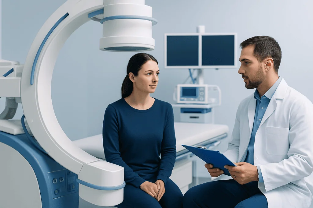 Patient consulting with doctor in modern hospital imaging room.