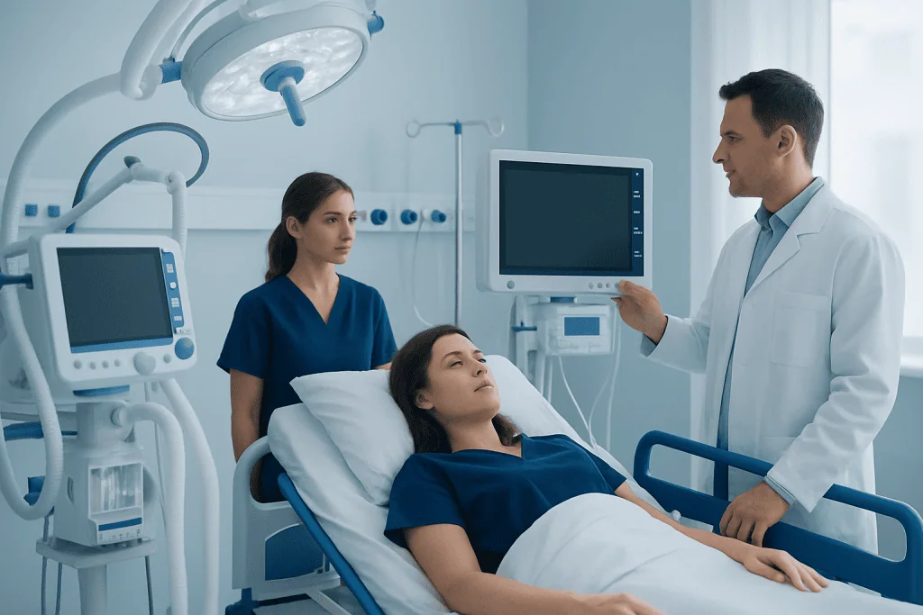 Medical team discussing patient care in hospital room with advanced equipment.