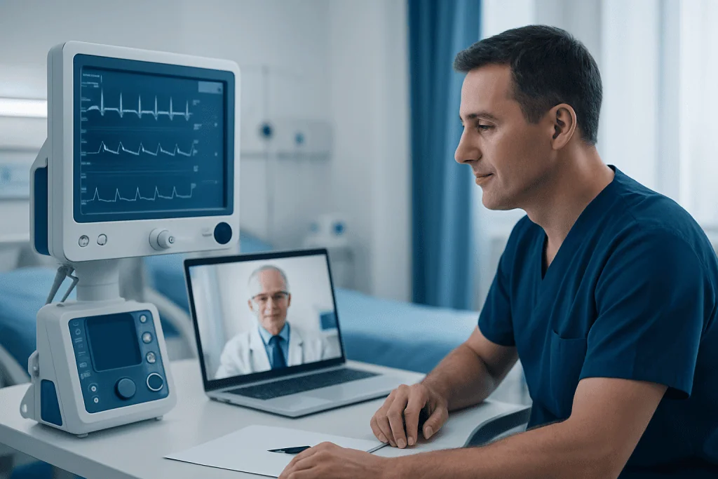 Doctor consulting with patient via telemedicine with medical devices in the background.