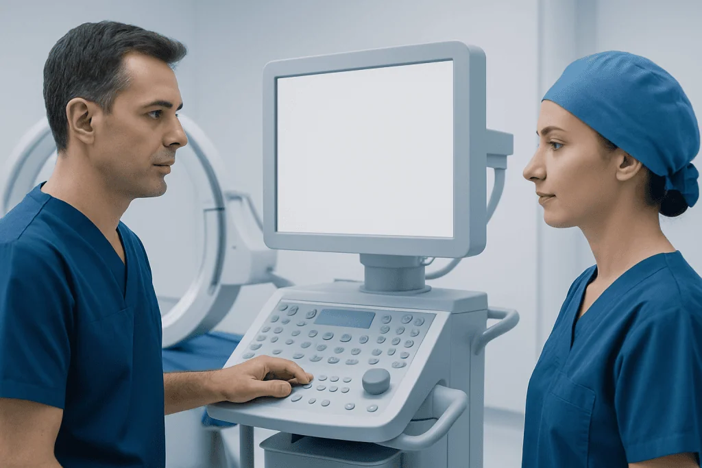 Medical professionals using ultrasound equipment in a hospital setting.