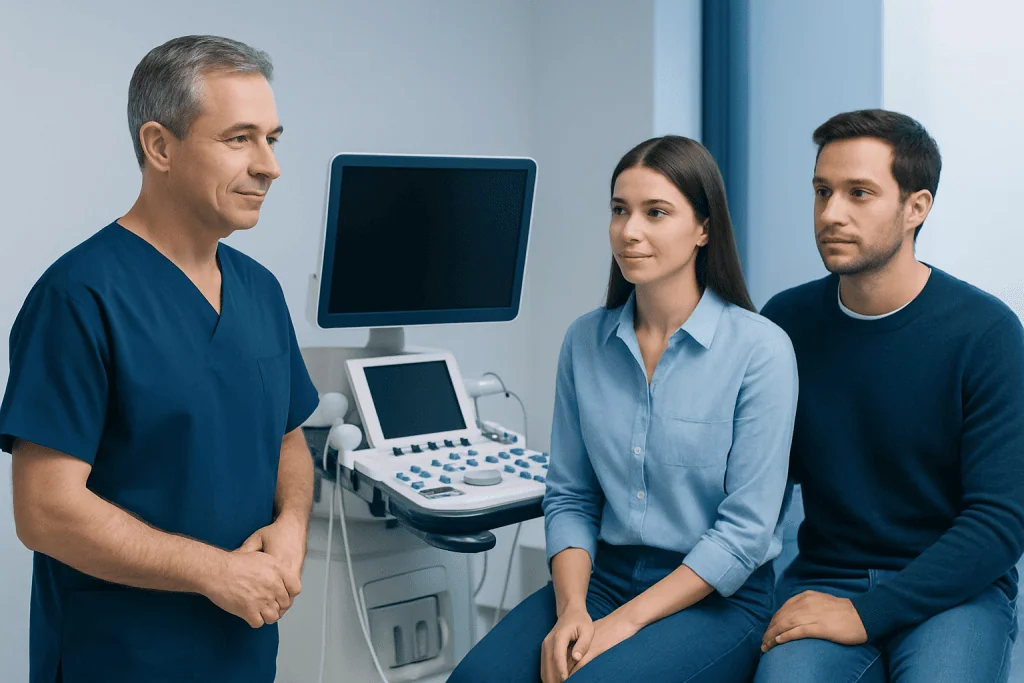 Doctor consulting with a family in a hospital room.