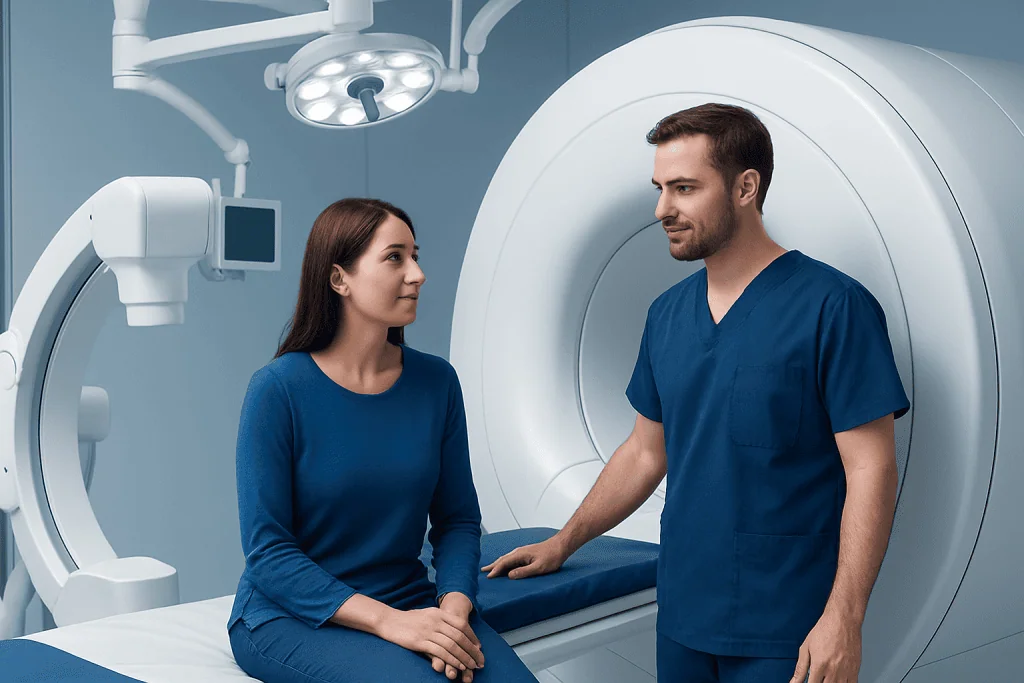 Medical professional and patient in a modern hospital MRI room.