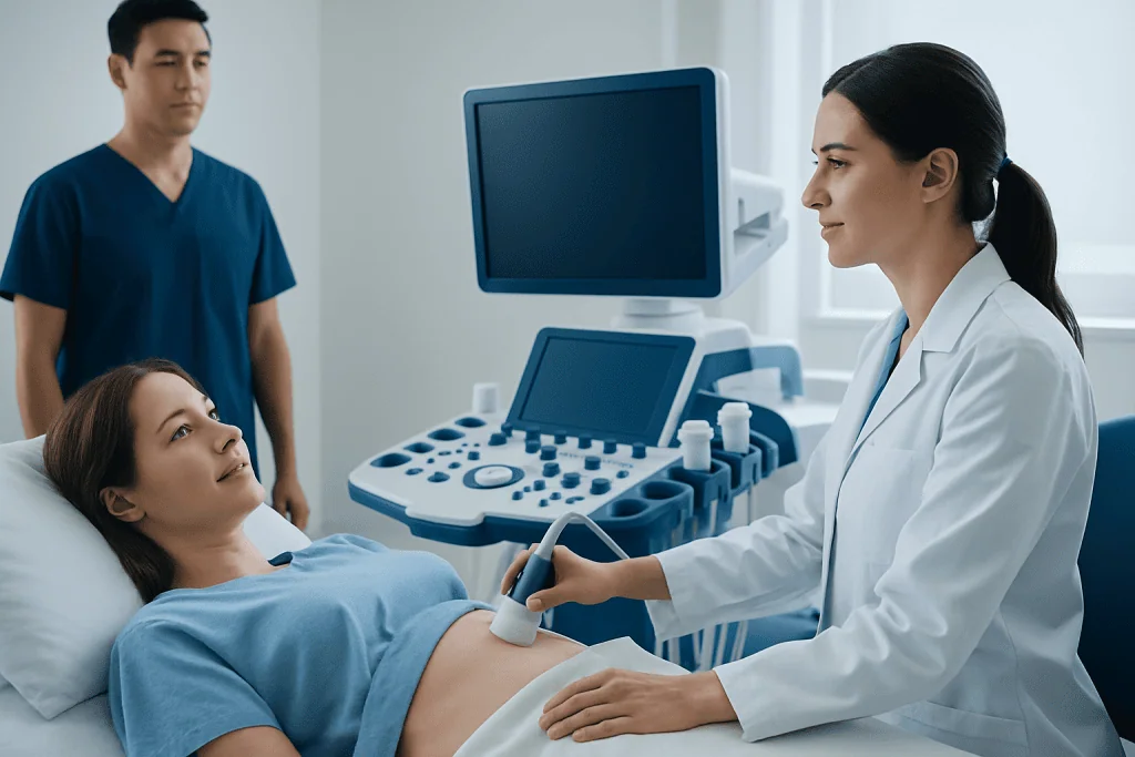 Doctor performing ultrasound examination on patient in hospital room.