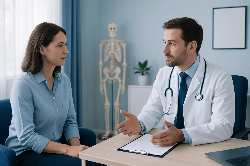 Doctor consulting with a female patient in a medical office setting.