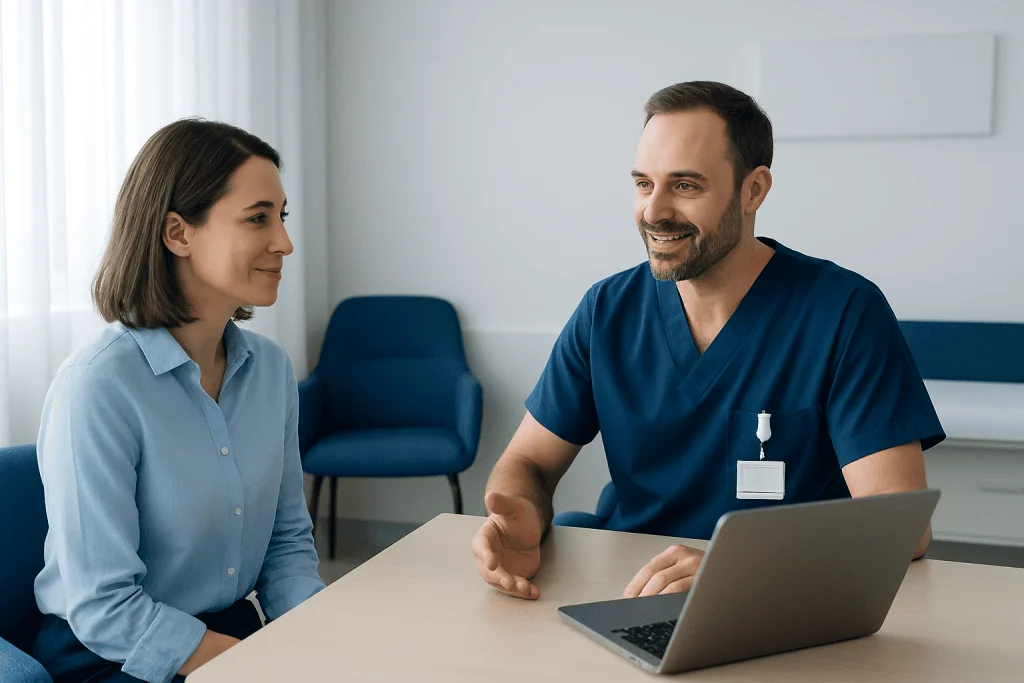 Doctor consulting with a patient in a modern hospital office.