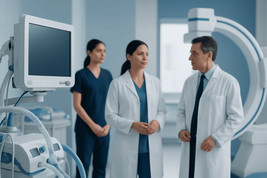 Medical team discussing patient care in a hospital setting with advanced equipment.