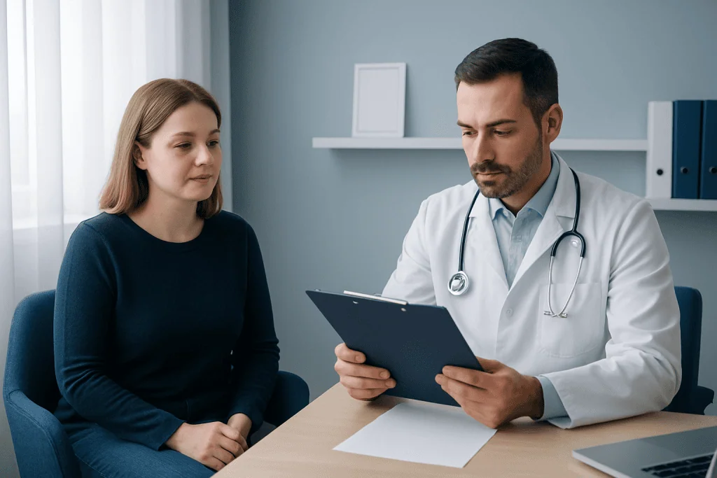 Doctor reviewing medical records with a patient in a consultation room.