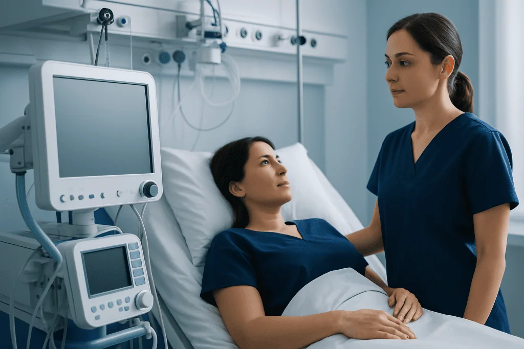 Compassionate nurse supporting patient in hospital bed at Acibadem Hospital.