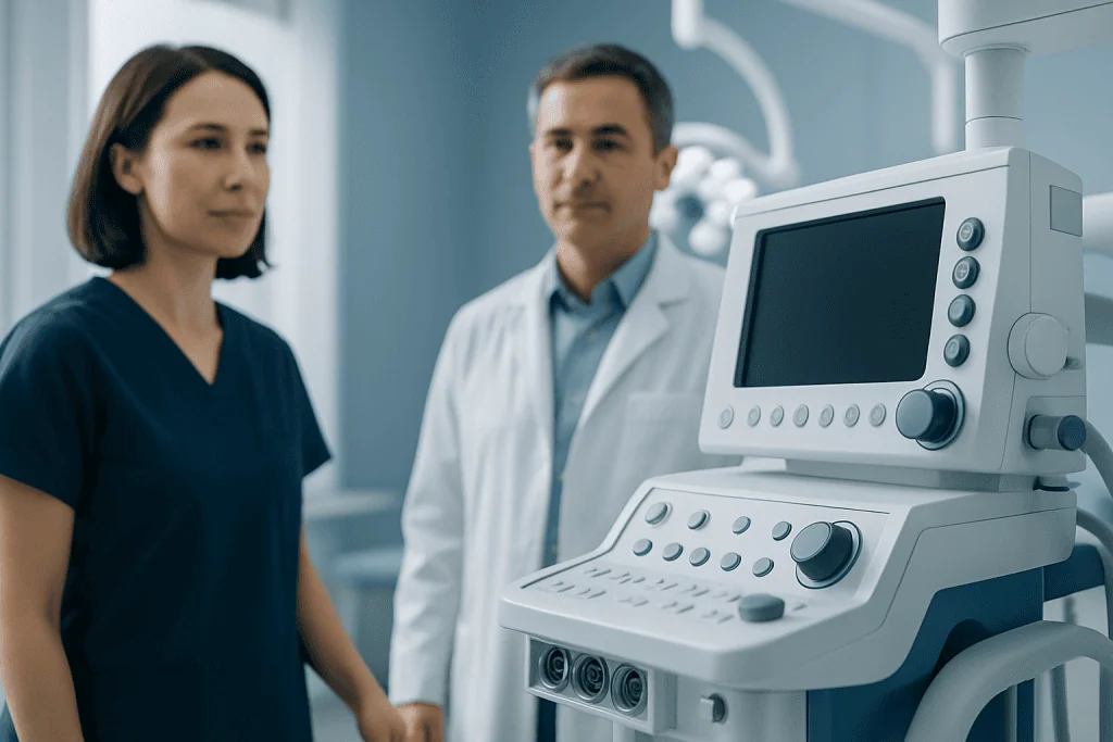 Medical professionals discussing patient care with ultrasound machine in hospital.