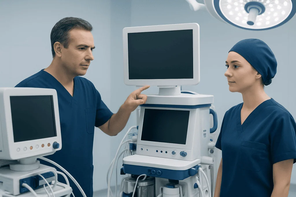 Medical professionals discussing patient care in a hospital operating room.