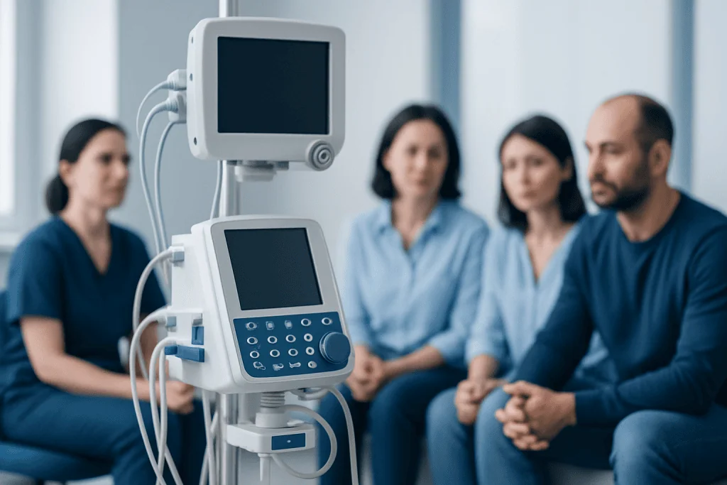 Medical team in a hospital room with monitoring equipment.