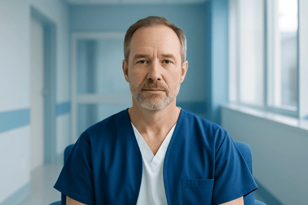 How Advanced Precision Oncology Care Supports Better Treatment Outcomes 1 Medical professional in blue scrubs in a hospital corridor.