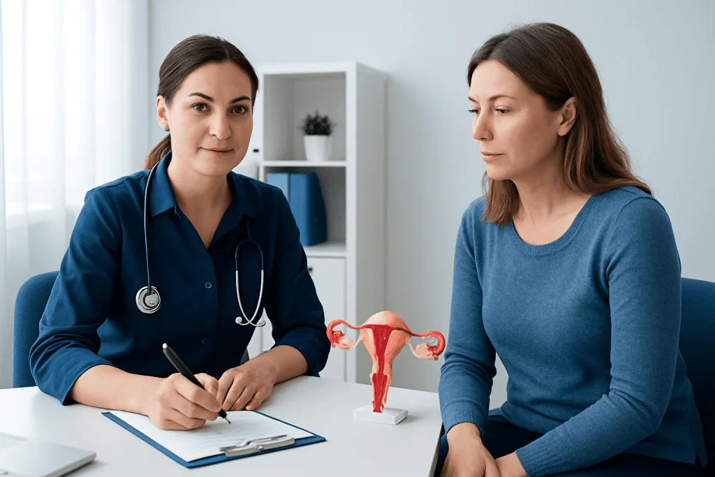 Doctor consulting a woman about fertility health with a uterus model present.