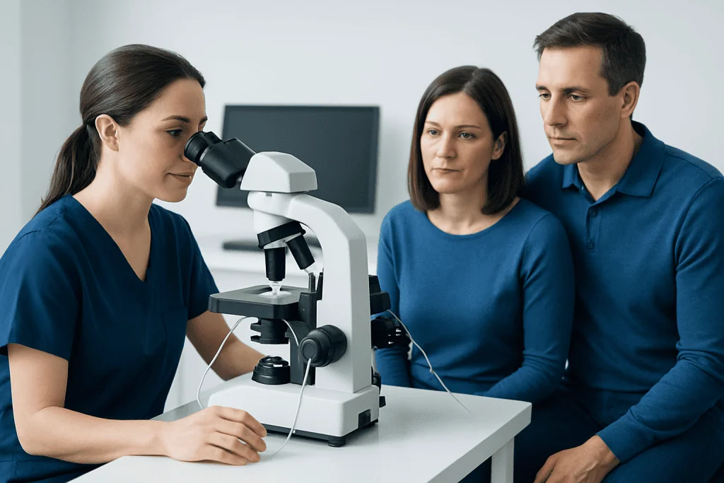 Medical professionals examining samples with a microscope in a clinical setting.