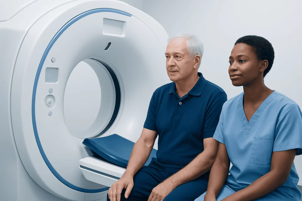 Senior man and nurse sitting near MRI machine in hospital.
