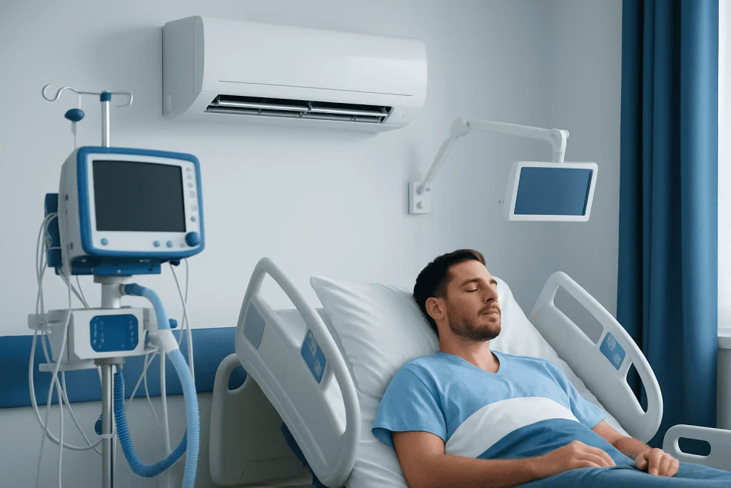 Patient resting in a hospital bed with medical equipment in a modern hospital room.