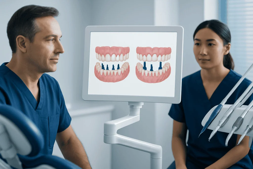 Dental professionals discussing implant options with a digital model on screen.