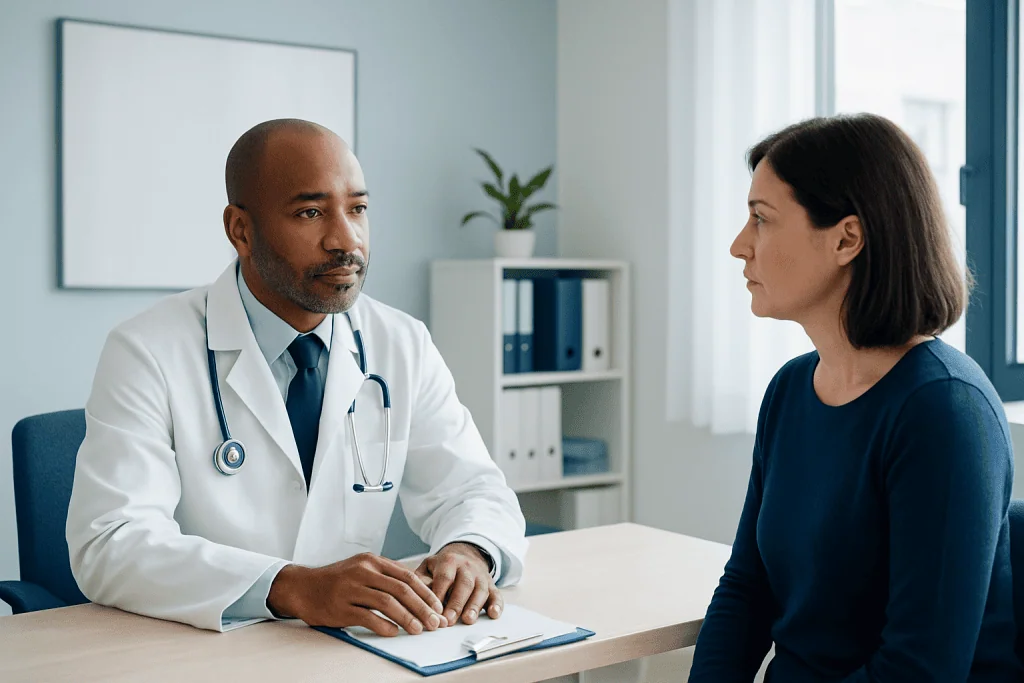 Doctor consulting with a female patient in a medical office.