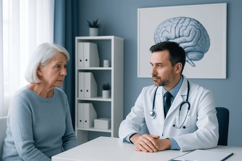 Doctor consulting with elderly woman about Alzheimer's disease diagnosis.