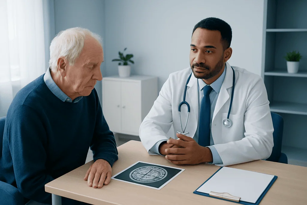Doctor consulting with elderly patient about brain scan results in clinic.