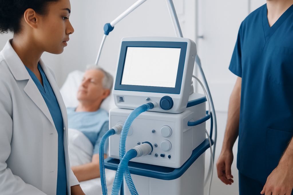 Medical professionals monitor patient using ventilator in hospital.