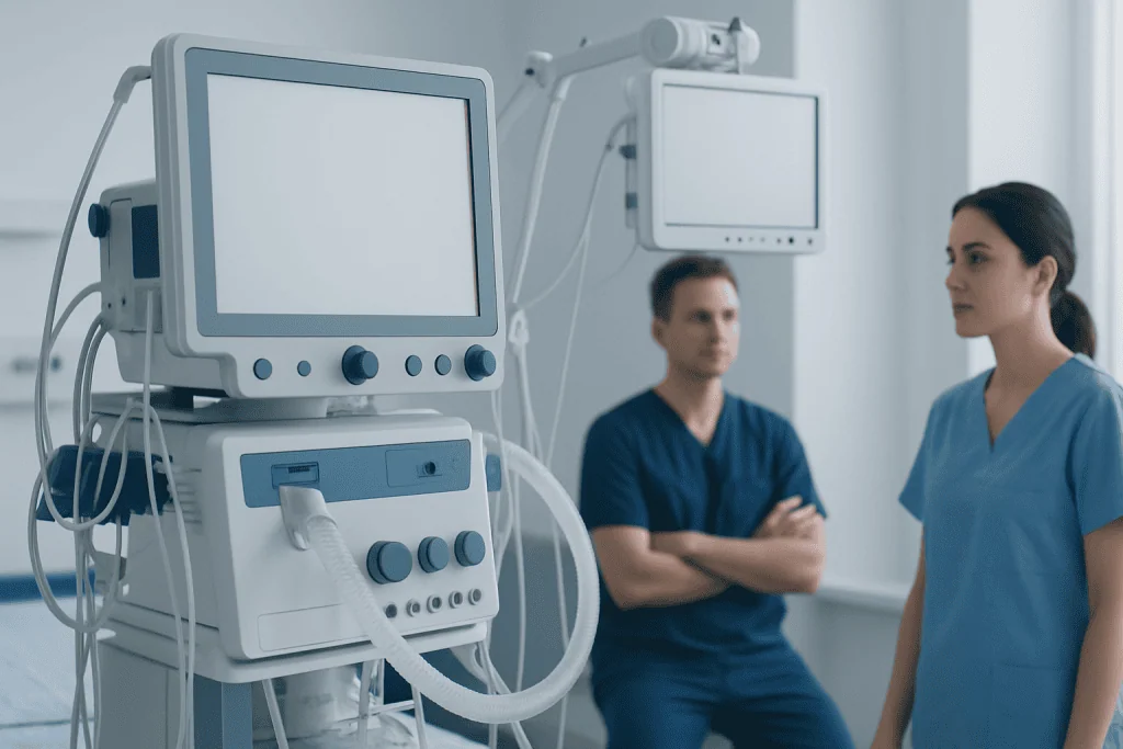 Medical professionals in a hospital room with ventilators and monitors.