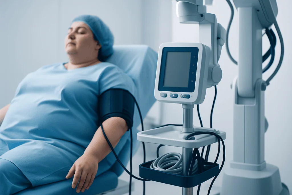 Patient undergoing medical examination with advanced equipment in hospital.