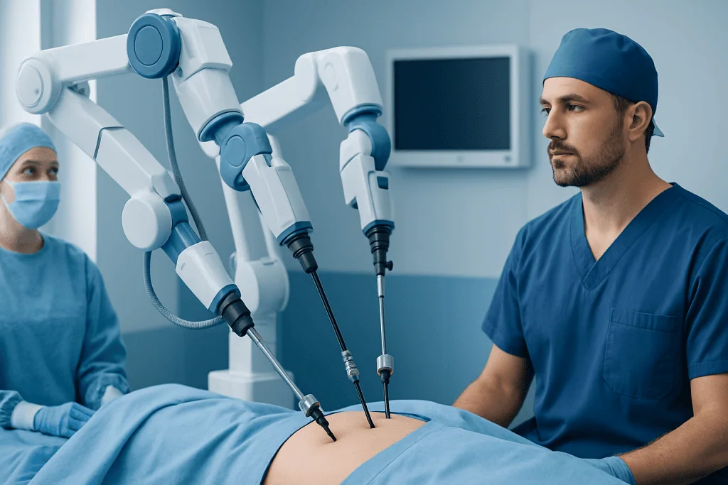 Robotic surgical tools performing bariatric surgery at Acibadem Hospital.