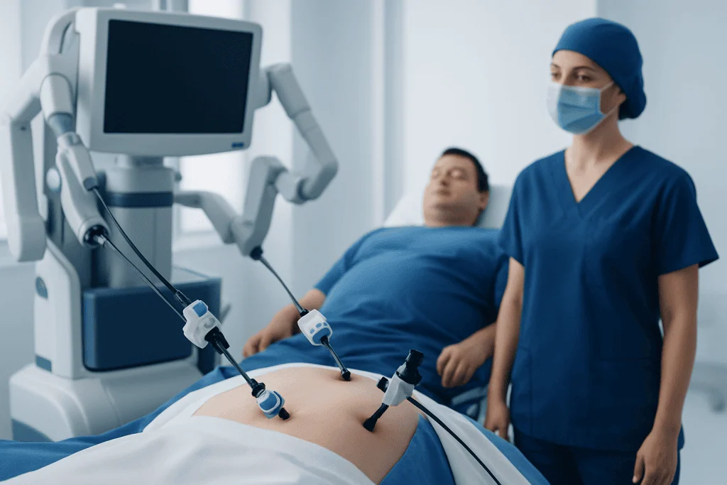 Medical team performing laparoscopic surgery in a hospital setting.