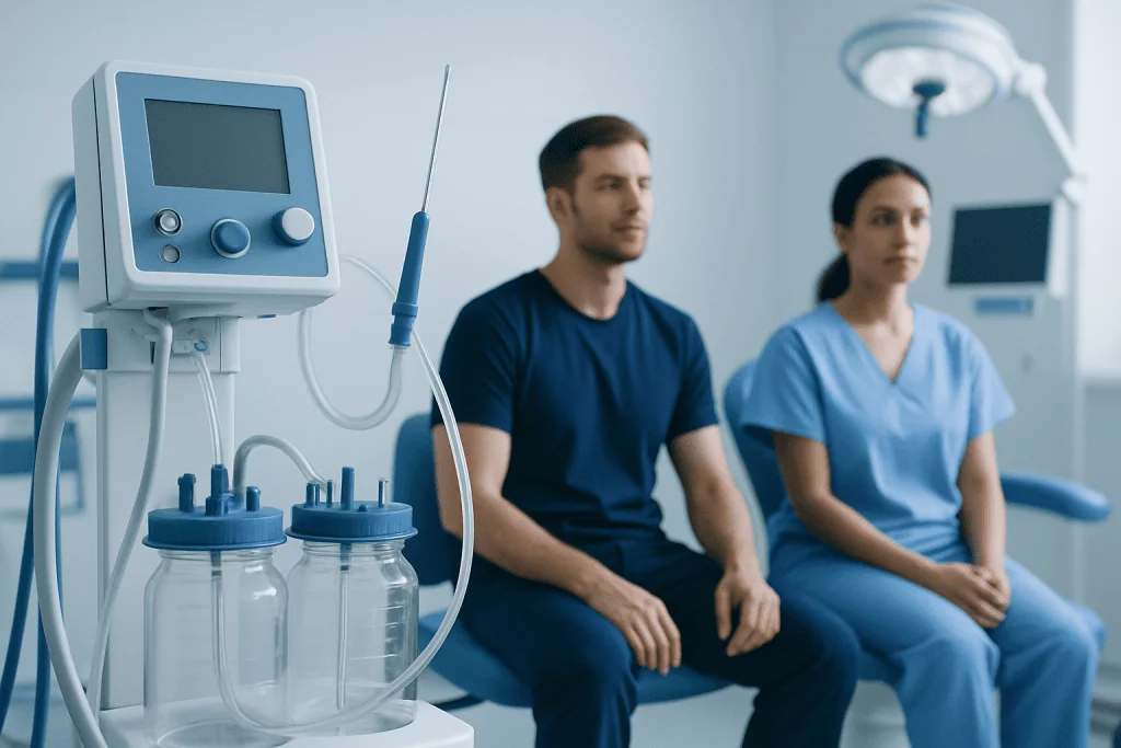 Medical consultation with a patient and healthcare professional in a clinical setting.