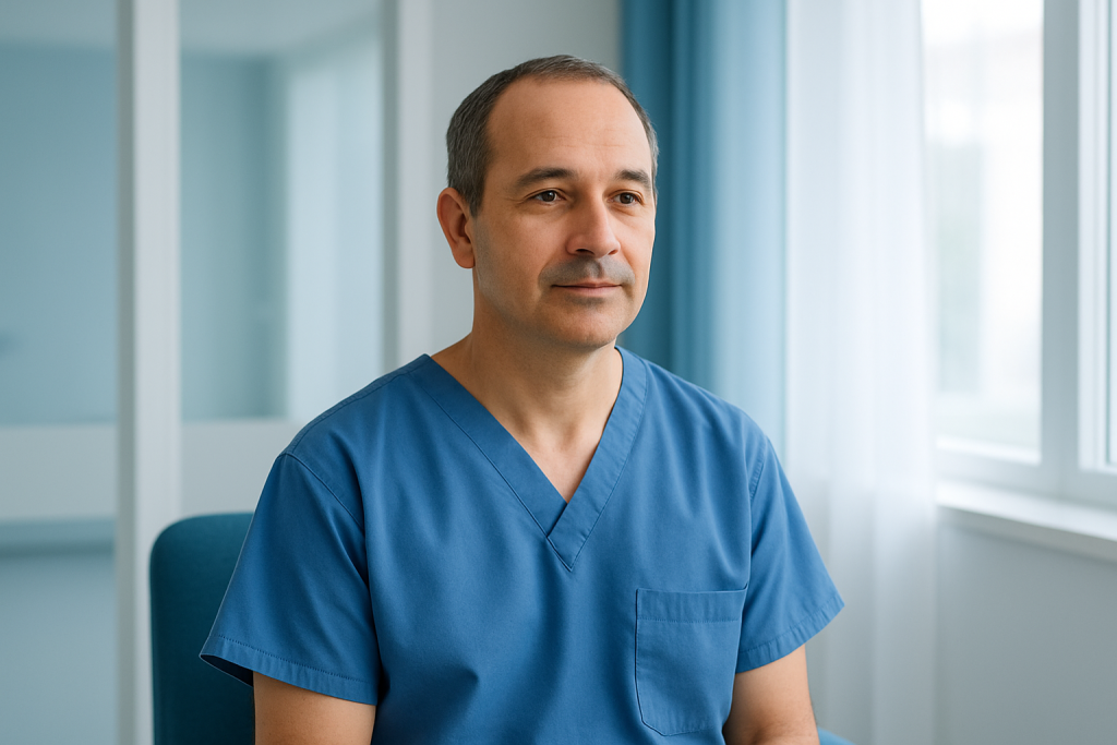 How Better Technology Improved Atrial Fibrillation with Modern Healthcare Technology 1 Doctor in blue scrubs in a modern hospital room with large windows.