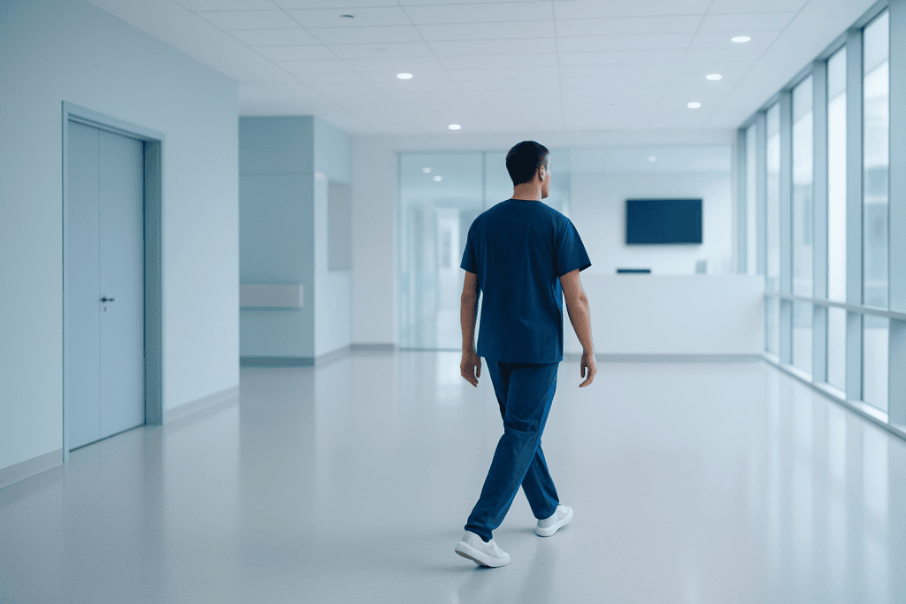 How Better Technology Improved Metastatic Cancer Care with Safer Recovery Support 1 Healthcare professional walking in a modern hospital corridor.