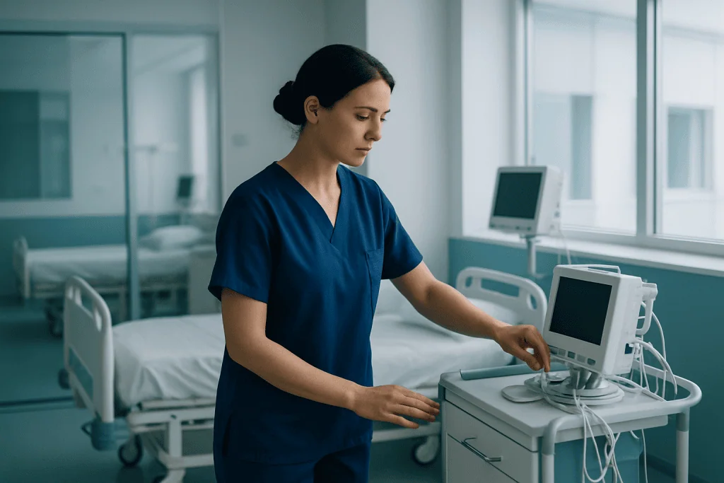 How Better Technology Improved Scoliosis Treatment with Personalized Care 1 Nurse preparing medical equipment in a hospital room with beds and monitors.