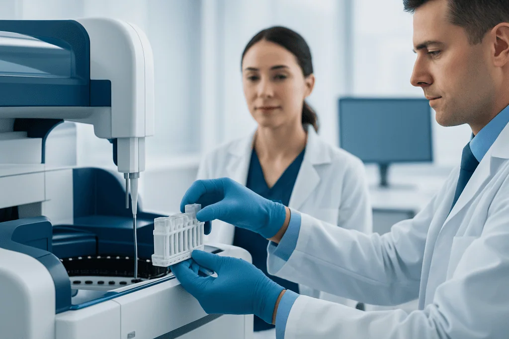 Scientists perform biomarker testing in a modern laboratory setting.