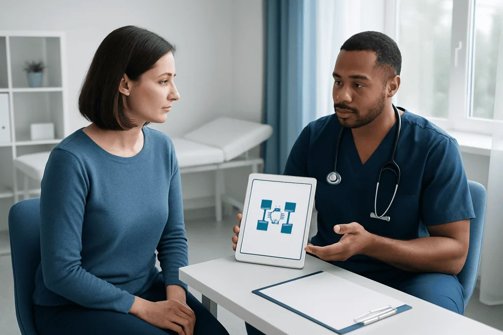 Doctor explaining digital health records to a patient in a clinic setting.