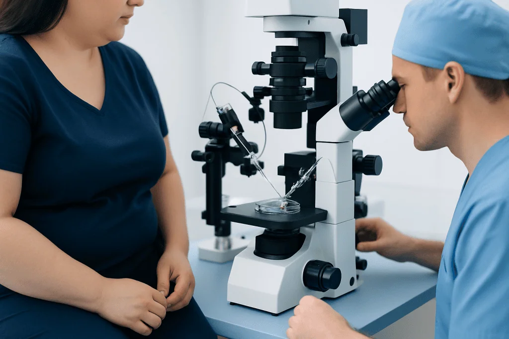 Medical professionals using a microscope in a clinical setting.