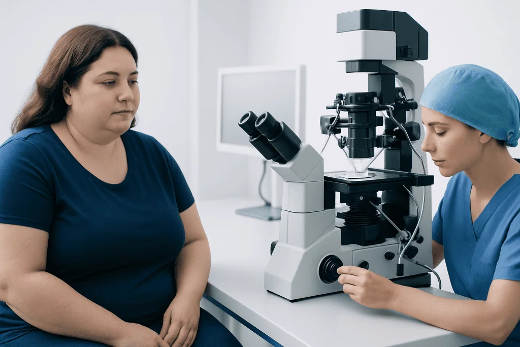 Medical professional examining a patient with a microscope in a clinical setting.