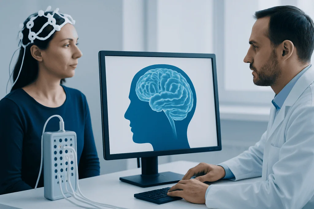 Neuropsychology assessment with brain scan and patient consultation.