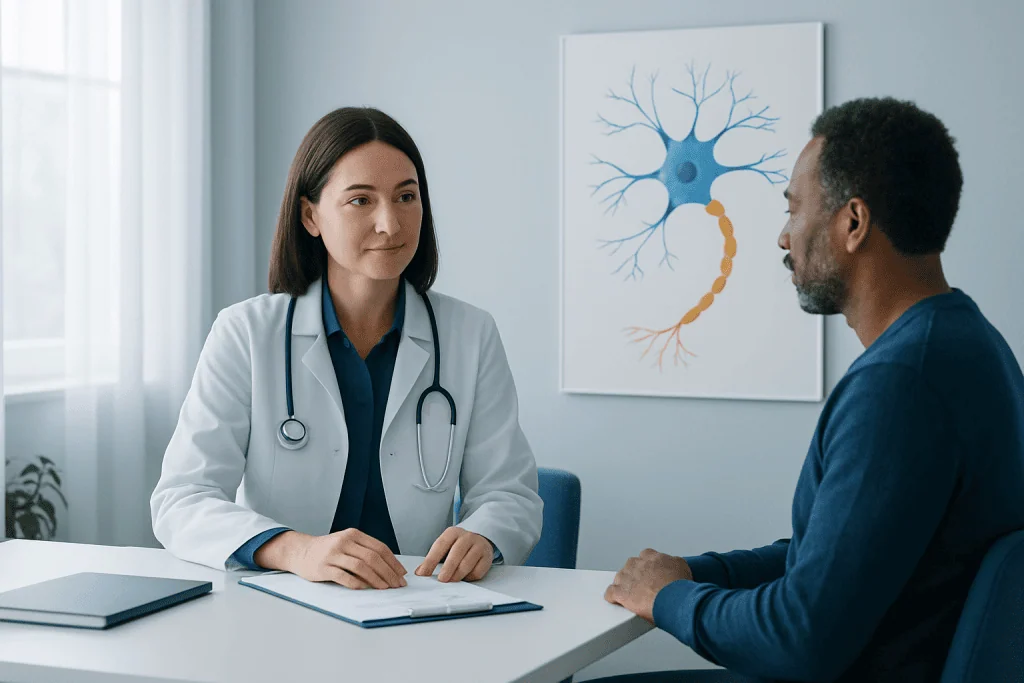 Doctor consulting with patient in a medical office with neuron diagram on wall.